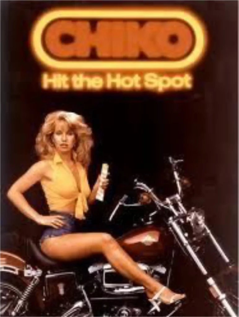 A 1970s-style poster of a woman on a motorbike outside a nightclub