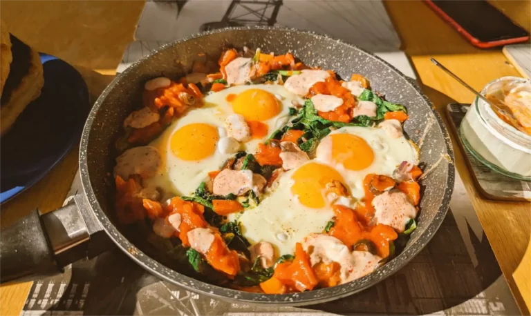 A pan containing a shashuka breakfast