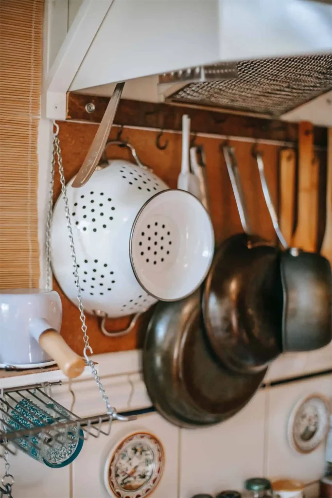 Pots and pans hanging in a kitchen