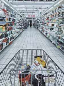 Supermarket aisles from a shopping trolley's point of view