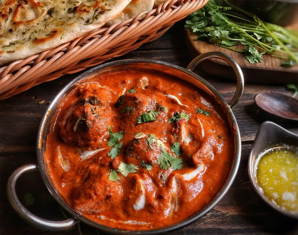 A serving dish filled with red curry