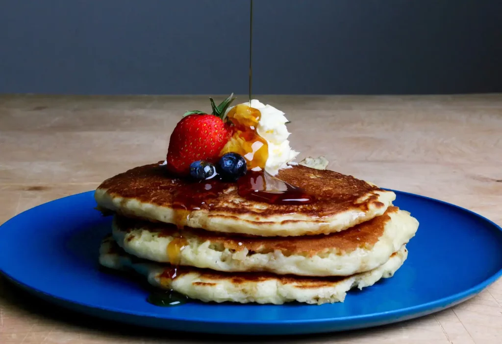 A stack of pancakes with berries, cream and syrup