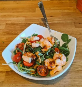A bowl of Asian prawn salad