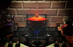 A pot of stew simmering on a gas hob